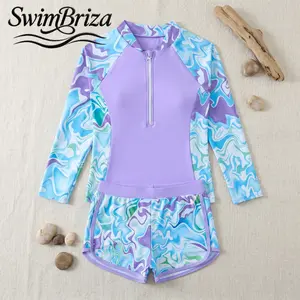 Briza｜Girls Long Sleeve Zip Tankini Set with Shorts Lavender Aqua Swirl - Two Piece Rash Guard Bathing Suit, Swim Shirt Tankini Swimsuit for Kids, Beach Pool Summer Vacation Swimwear, Girls Swimwear, Kids Bathing Suit, Tankini Swimsuit Set