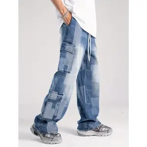 Versatile and Trendy Workwear Jeans for Men with Elastic and Tight Waist Stitched Washed and Aged Multi Pocket Patch Jeans Straight and Loose