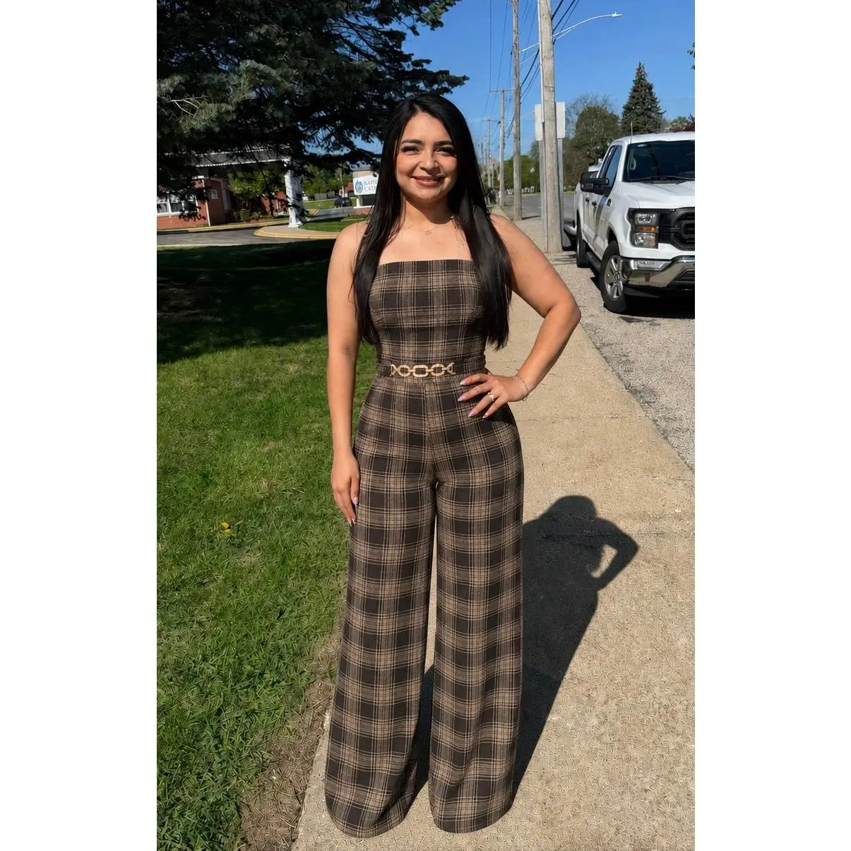 22564 Mocha Plaid Strapless Jumpsuit