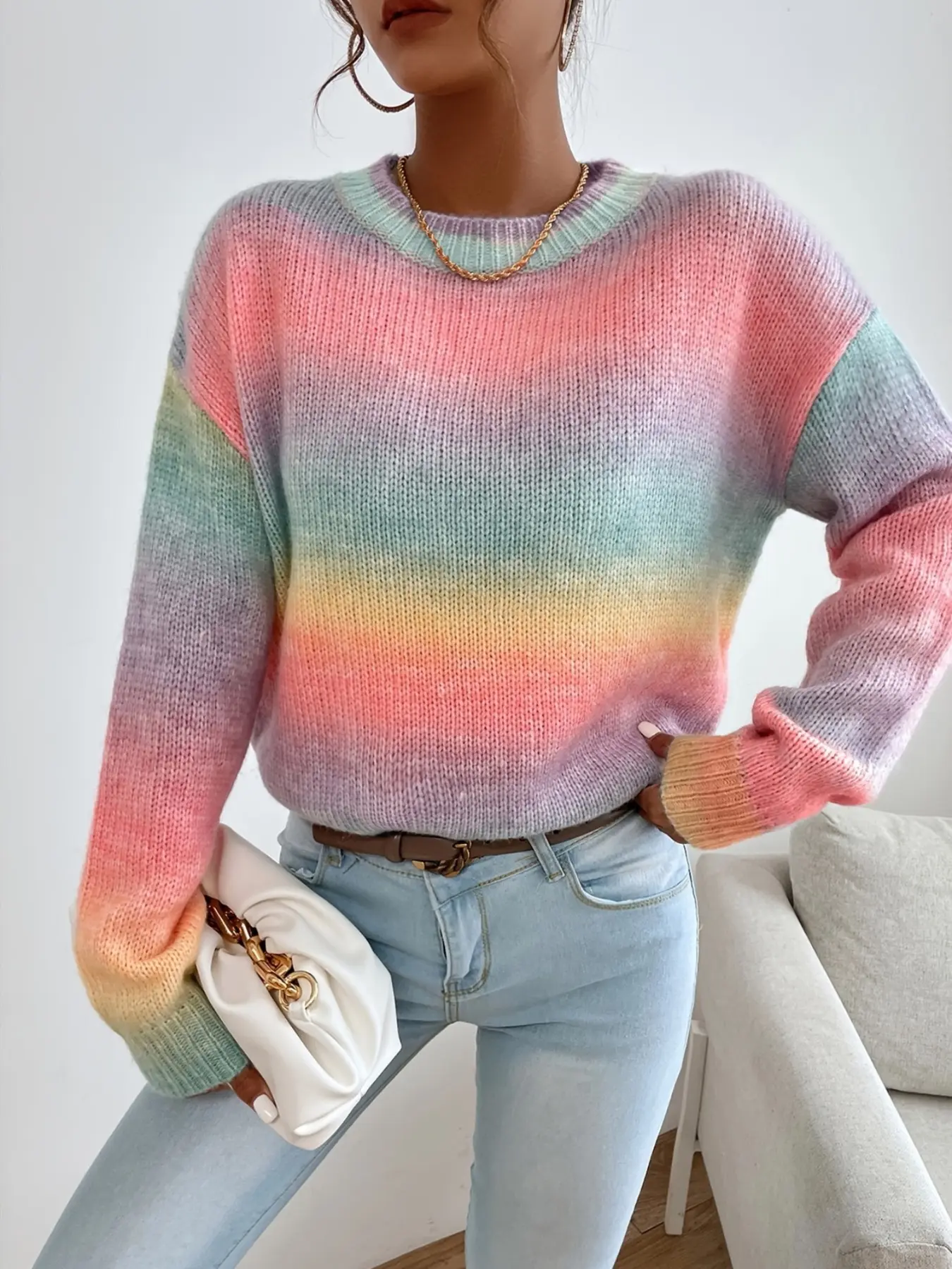 Women's Soft Gradient Knit Sweater, Rainbow Gradient Round Neck Lightweight Pullover, Soft Tie-Dye Long Sleeve Knit Top, Cute Multicolor Colorful Fitted Casual Shirt, Knitwear Womenswear, Knitted Top, Knit Clothes