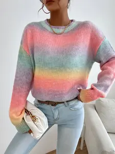 Women's Soft Gradient Knit Sweater, Rainbow Gradient Round Neck Lightweight Pullover, Soft Tie-Dye Long Sleeve Knit Top, Cute Multicolor Colorful Fitted Casual Shirt, Knitwear Womenswear, Knitted Top