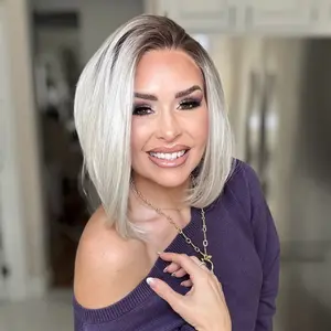 AISOM Caris Short Bob Wig Free Part Lace Front Wig with Scandinavian Hairline Natural Looking 12 Inches Icy Silver Blonde with Brown Roots Daily Use