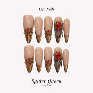 ErsaNails SPIDER QUEEN – Long Oval 10 PCS Handmade Press On Nails | Cat-Eye French Design, 3D Gel Art