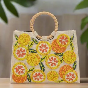 Luxe Embellished Oranges Shoulder Tote with Detachable Straps and Cane Handle