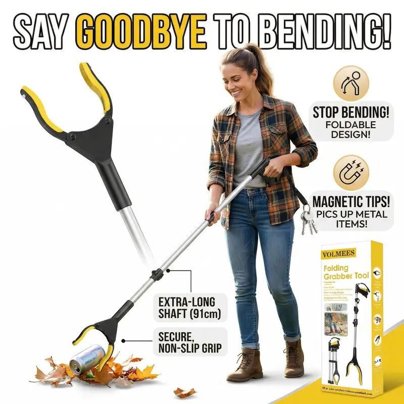 1pcs 43 Inches Extra Long Grabber Tool-Volmees Grabbers Grab it Reaching Tool with Anti-Drop Cord, 4" Wide Claw Open Reacher Trash Grabber Pickup Tool 360° Rotating Jaw +Magnets, Heavy Duty Foldable Grabber
