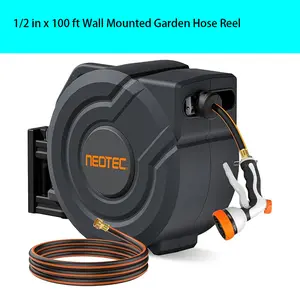 Retractable Hose Reel, 1/2 in x 100 ft Wall Mounted Garden Hose Reel, Heavy Duty Garden Water Hose Reel with 7-Pattern Nozzle,Any Length Lock,Auto-Rewind Slow Return System,180°Swivel Bracket