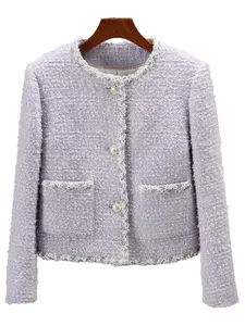 Women's Solid Color Tweed Round Neck Single-breasted Jacket, Elegant Fashion Casual Crop Outerwear for Daily Outdoor Wear, Women Clothing for Spring Fall
