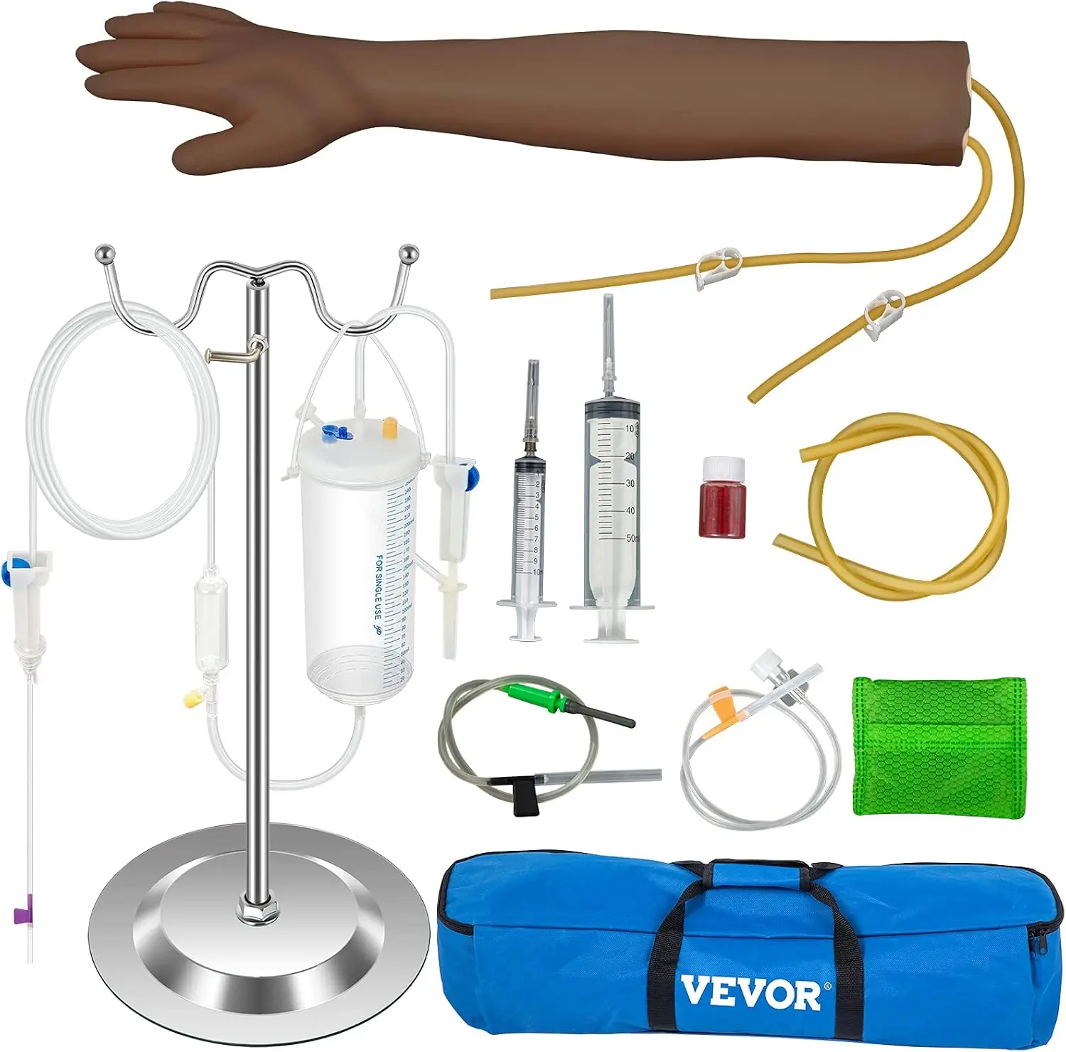 VEVOR IV Practice Kit Phlebotomy Practice Kit with Dark Skin, Venipuncture Practice Kit Skills Learning Model Arm Kit with Height Adjustable Infusion Stand for Students, Nurse
