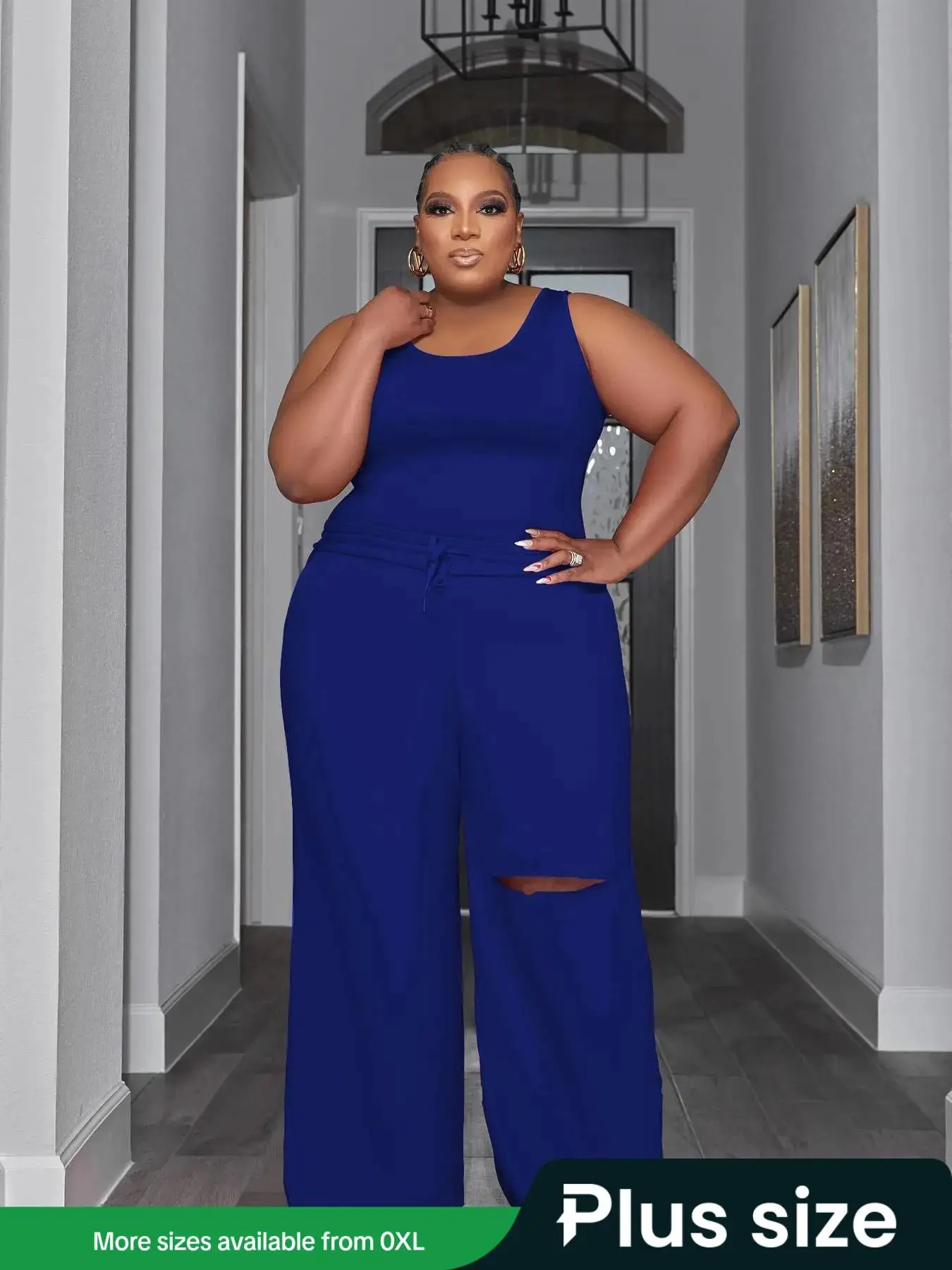 Plus Size Solid Tank Top & Elastic Waist Cut Out Wide Leg Pants Set, Casual Minimalist Scoop Neck Sleeveless Top & Drawstring Waist Trousers, Women's