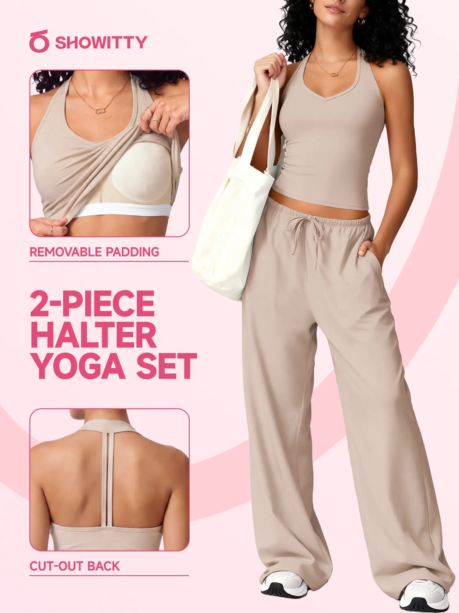 SHOWITTY Womens 2 Piece Lounge Set Open Back Tank Top & Wide Leg Pants with Pockets Built-in Bra Casual Set