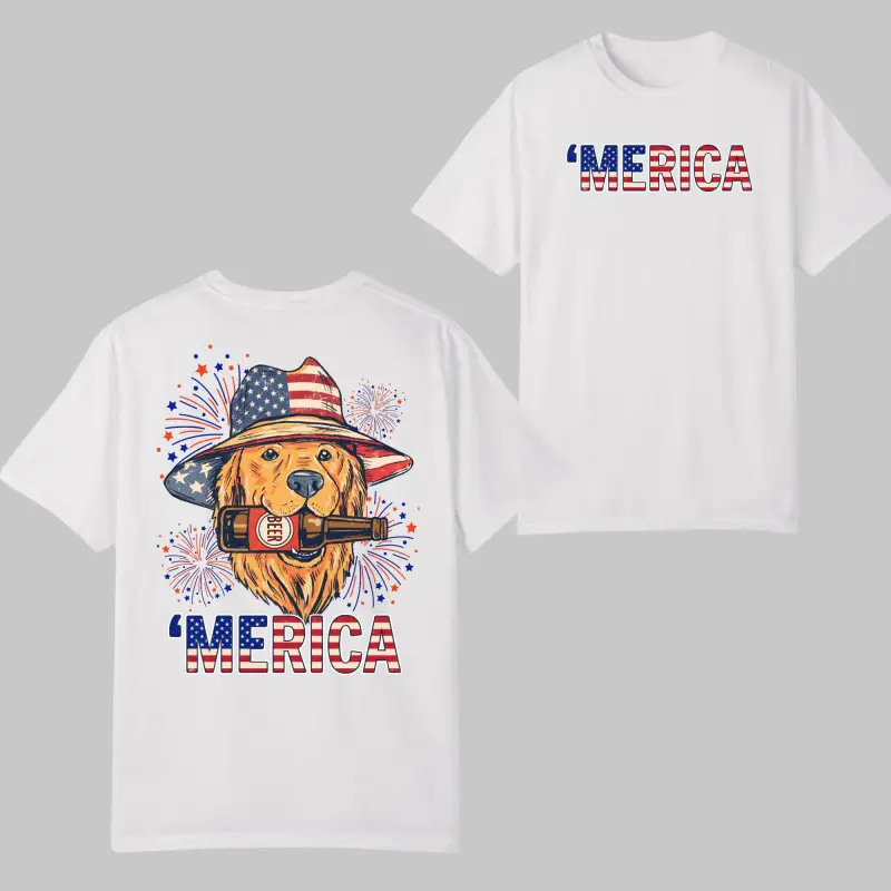 Unisex Graphic T-Shirt, Patriotic Merica Dog Golden Retriever Tee, 100% Cotton Casual Top with 4th of July American Flag Back Print, Minimalist, Essential, Simple, Tshirt