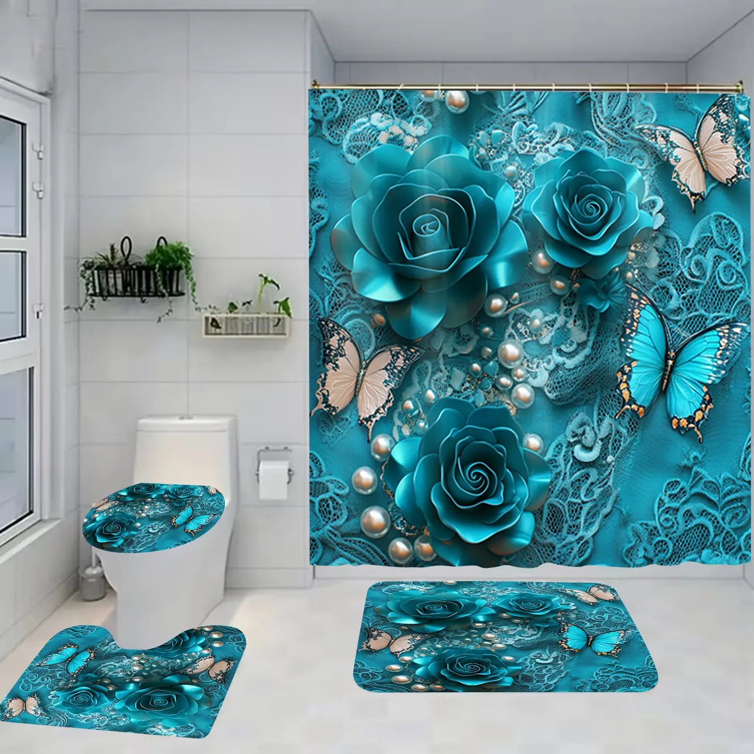 1/4 piece blue rose design bathroom set, Bathroom Shower Curtain Sets, including soft floor mat, toilet seat cushion, shower curtain, home decoration, floor mat with good rebound, water absorption, anti slip, preferred for gift giving