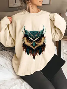 Women's Casual Owl Print Long Sleeve Sweatshirt, Trendy Round Neck Pullover for Spring & Fall, Fitted Thin Fabric Top