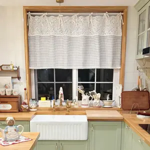 1PC Tie Top Plaid Kitchen Curtain Valance for Living Room Bedroom Small Windows Gingham Linen Cafe Curtain Short Vintage French Window Treatment Tiers Bathroom Farmhouse Valance