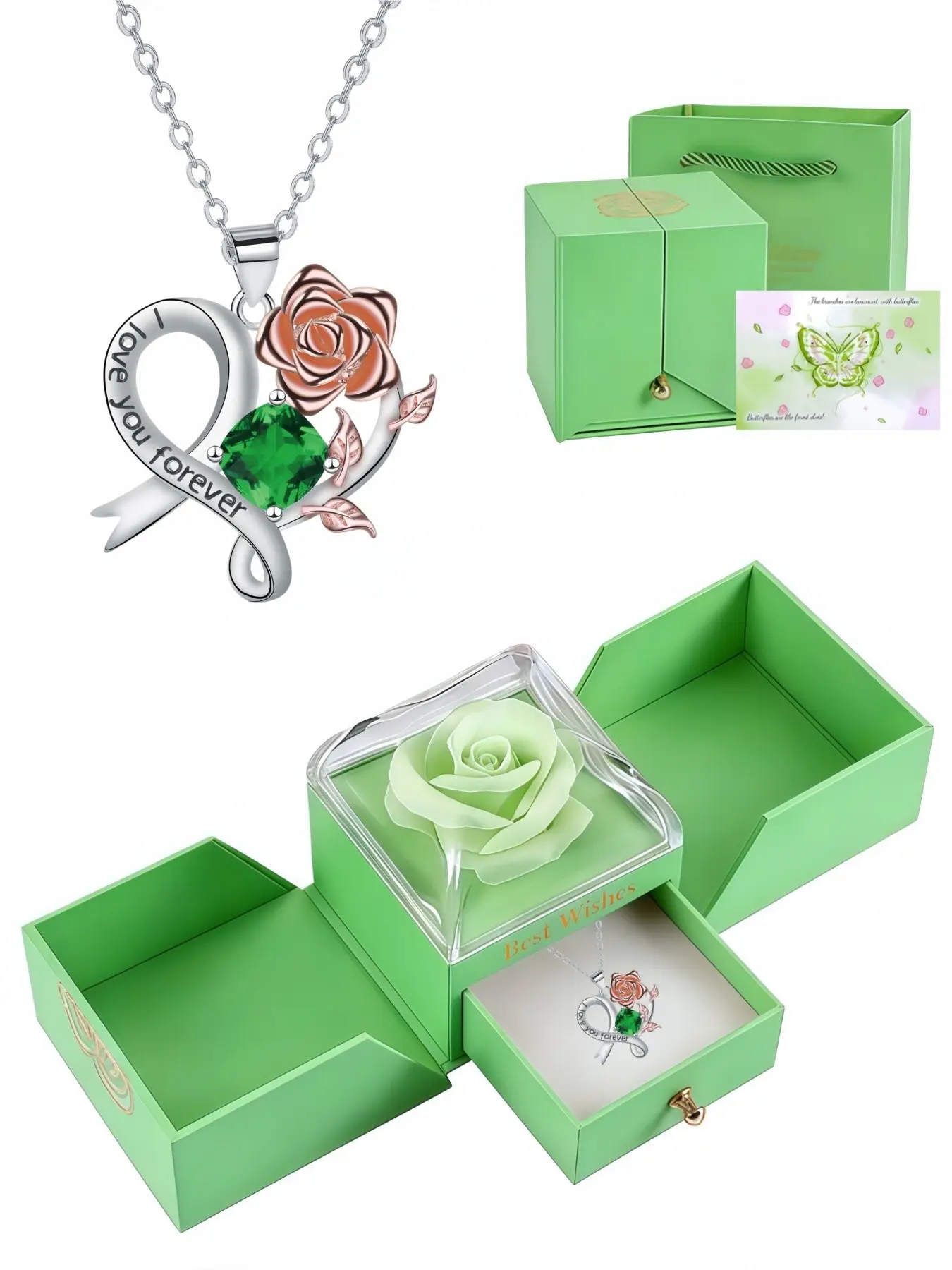 Rose Vow Luxury high-end emerald necklace with I Love You heart and rose design.Paired with a surprise double-door preserved rose jewelry box, perfect for birthdays, Mother's Day and Valentine's Day gifts. Exquisite jewelry gift