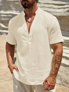 Manfinit Men's Casual Solid Color Short Sleeve Shirt, Summer , Men's Summer White Linen Beach Top ,Casual V-Neck Henley Short Sleeve Shirt ,Hippie Bohemian Style Loose Fit Blouse ,Lightweight Breathable Yoga Clothing Men ,Solid Color Grandad Collar Tee ,S