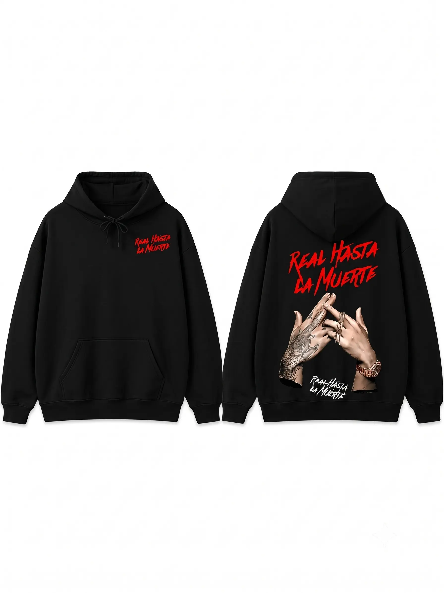 Menswear Unisex Graphic Pullover Hoodie - Soft Streetwear Top with 'Real Hasta La Muerte' Tattooed Hands Print, Relaxed Fit, Casual Apparel Crewneck Classic