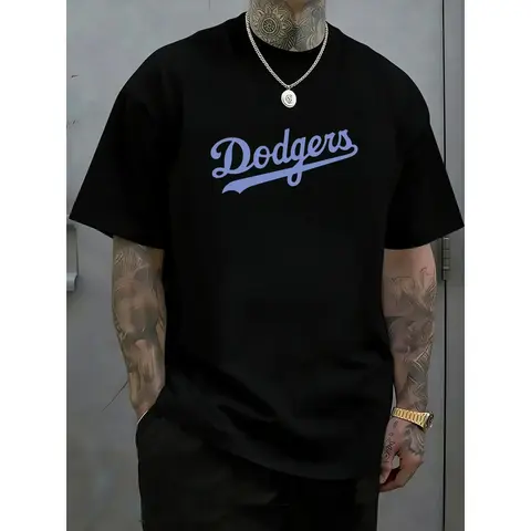 Men's Graphic Loose-Fit Short-Sleeve Round Neck T-Shirt - Blue Baseball-Style Casual Sports Tops, Soft Breathable Streetwear, Sporty Vintage-Inspired Summer Top, Sporty Sports Tops