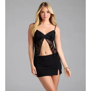 Delicate Dreams Lace Trim Floral Slit Crop Top