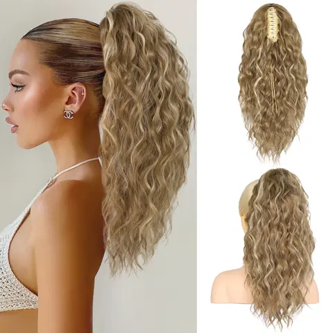 Women's 18-In Synthetic Curly Wave Claw Clip Ponytail Extension, Heat-Resistant Synthetic Hair Pieces, Natural Soft Curls, Fluffy Fullness, Gentle Fibers, Perfect Blend for Daily Use & Blonde Hair Transformation Hairstyles