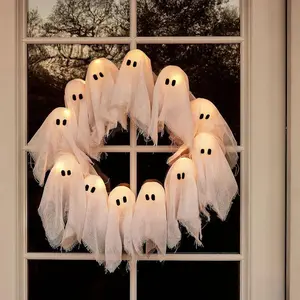 DIY Halloween Ghost Wreath, Light-Up Ghost Design, Front Door Hanging Decor for Indoor & Outdoor Use, Easy Assembly Required