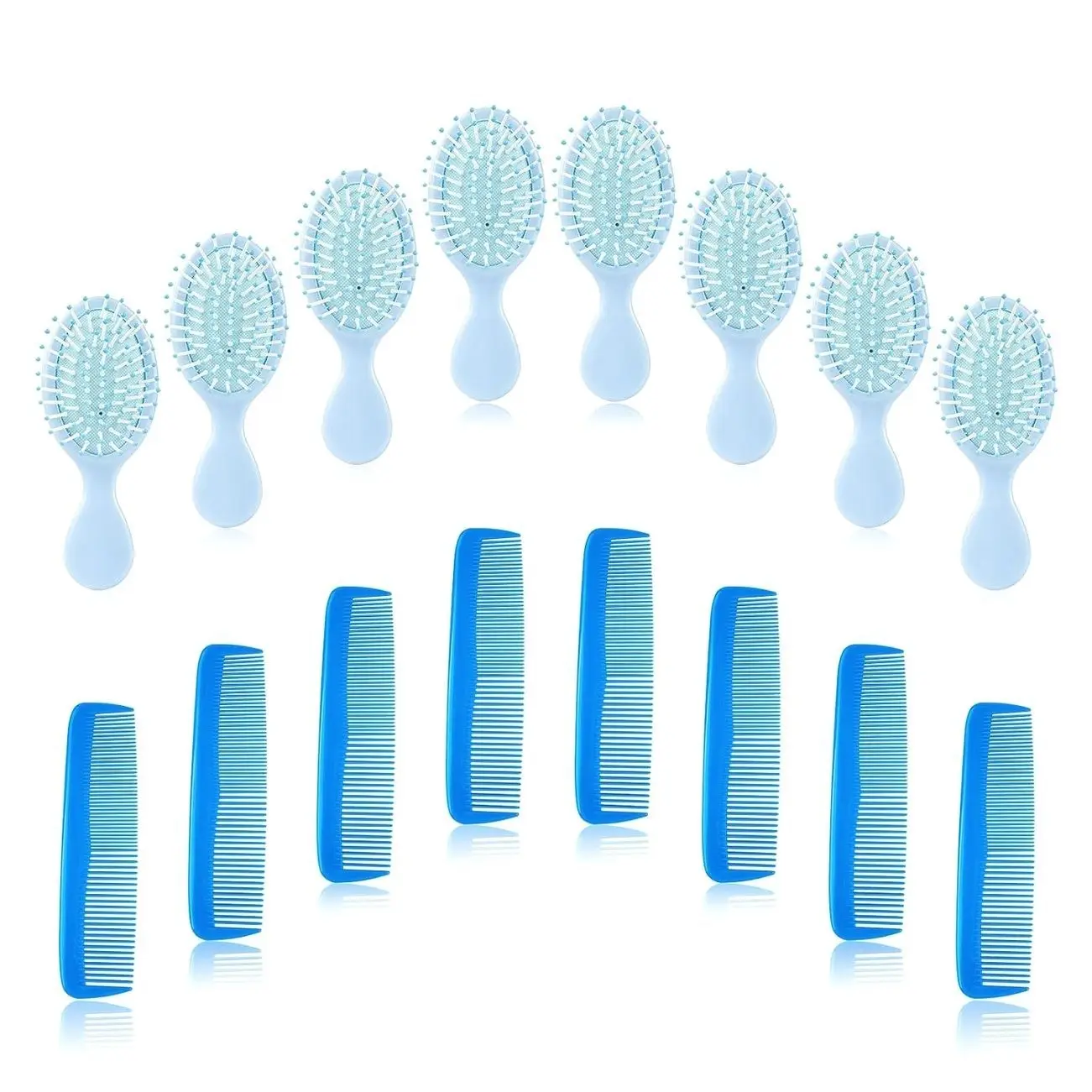 16 Pcs Mini Hair Brush & Comb Set – 8 Travel Detangler Wet Brush and 8 Fine Wide Tooth Combs, Bulk Mini Hairbrushes for Bridesmaid Gifts, Spa Party Favors, Vacation Essentials (Blue)
