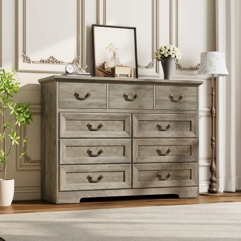 Wooden 9-Drawer Dresser, 47 in Wide Vintage Wood Chest with Natural Texture & Vintage Gold Floral Handles, Farmhouse Storage Organizer for Bedroom, Living Room (Dark Rustic Oak)