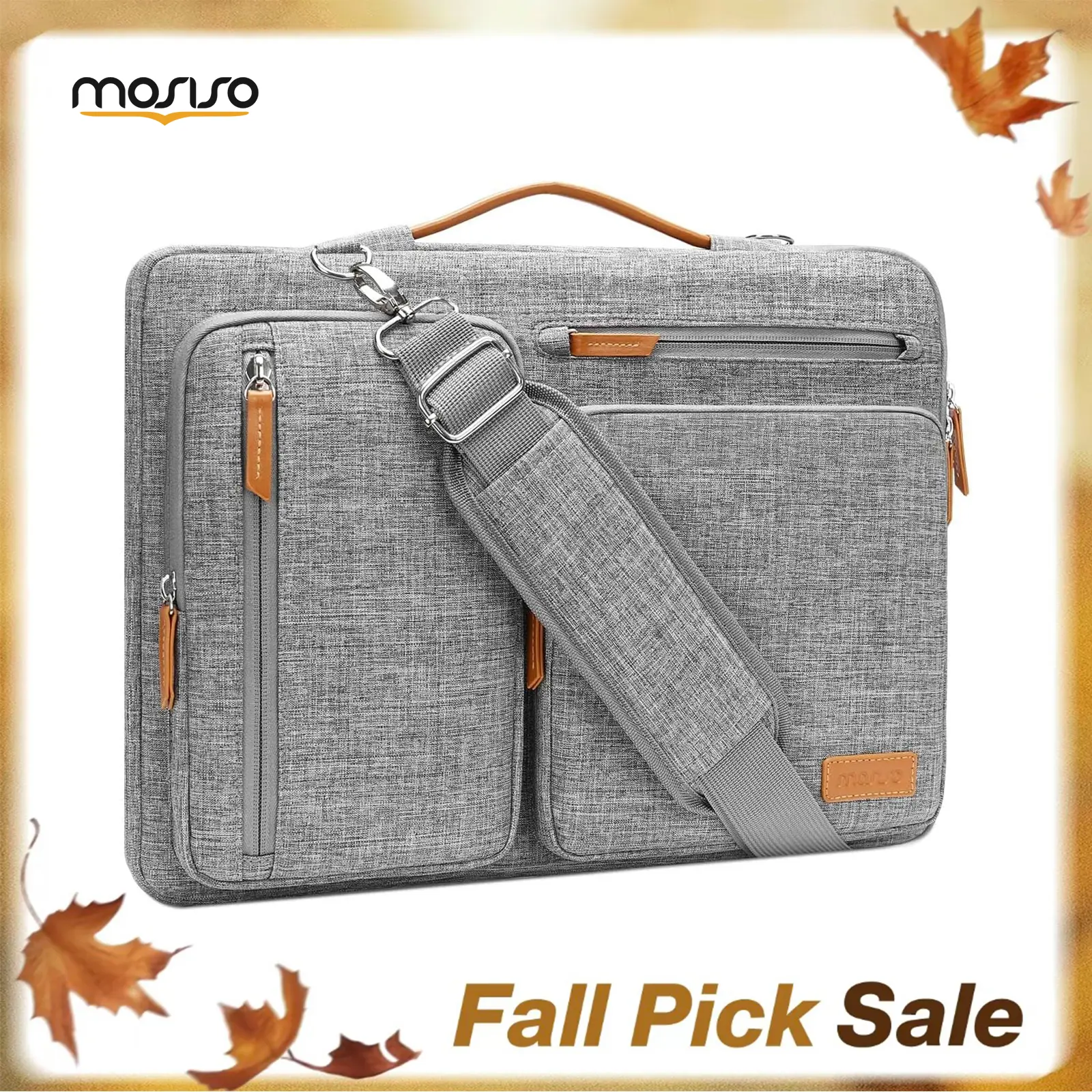 MOSISO 13-17.3 in Anti-Drop Laptop Bag - 360° Protective Laptop Cover, Slim Messenger Case with 4 Front Zipper Pockets, PU Handle, Adjustable Strap, Side Opening, Shockproof Padding, Trolley Belt - For Office, Daily Commute (Fits Surface Pro, Chromebook)