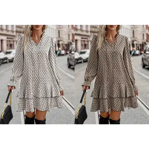 Plus Size Women's Fashionable Printed Flared Sleeve Ruffle Edge Dress