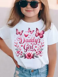 A T-Shirt with The Phrase 'Daddy'S Girl' And a 3D Butterfly Floral Print, Featuring a Sweet Print Design with a Round Neck And Short Sleeves for Girls