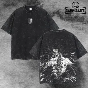 Retro The Founding Titan Eren Yeager - Attack On Titan Graphic Tee Double Sided Print Oversized Acid-Washed Heavyweight Cotton T-Shirt – Unisex Anime Tee, Perfect Gift for Anime Fans and Lovers Menswear Tops