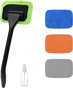 Car Windshield Cleaning Tool, Long Handle Car Windshield Washer, Microfiber Window Cleaner with 4 Washable and Reusable Cloth Pad with  Long Handle