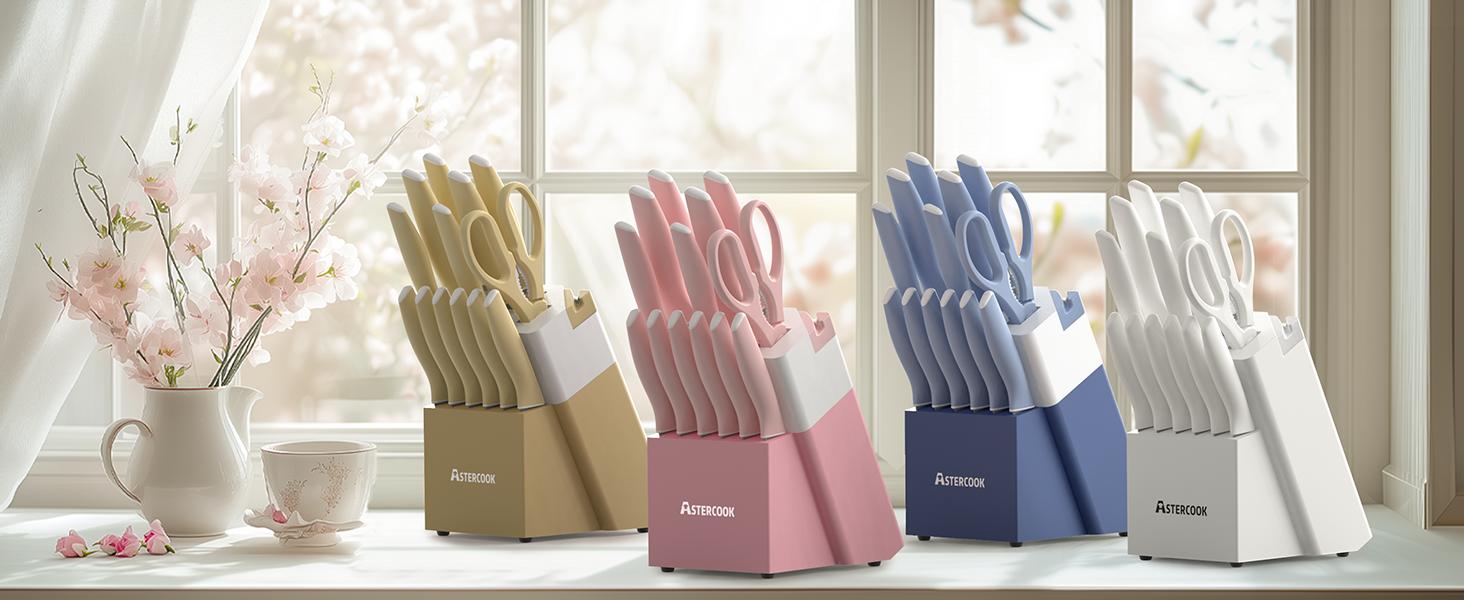 Astercook 14-Piece Professional Kitchen Knife Set – High Carbon Stainless Steel Chef, Bread, Santoku & Steak Knives with Hardwood Block, Ideal Valentine’s Day Gift Pink Wooden