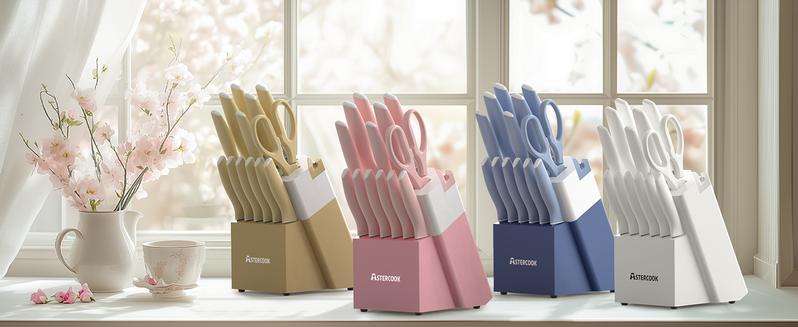 Astercook 14-Piece Professional Kitchen Knife Set – High Carbon Stainless Steel Chef, Bread, Santoku & Steak Knives with Hardwood Block, Ideal Valentine’s Day Gift Pink Wooden