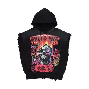 Styxx  Black Graphic Distressed Cut Sleeve Hoodie
