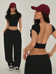 Women's Black Backless Cap Sleeve Crop Top 2026 Y2K Retro Slim Fit Stretchy Open Back Baby Tee Casual Streetwear Summer Daily Trendy Outfits Viral TikTok Made Me Buy It