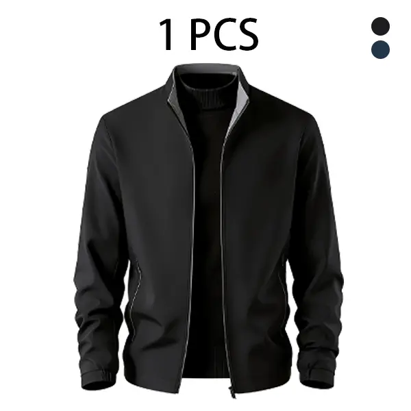 Men's Plain Stand Collar Full-Zip Jacket - Lightweight Longsleeves Menswear Coats, Breathable Fabric Casual Business Outerwear with Zipper Pockets