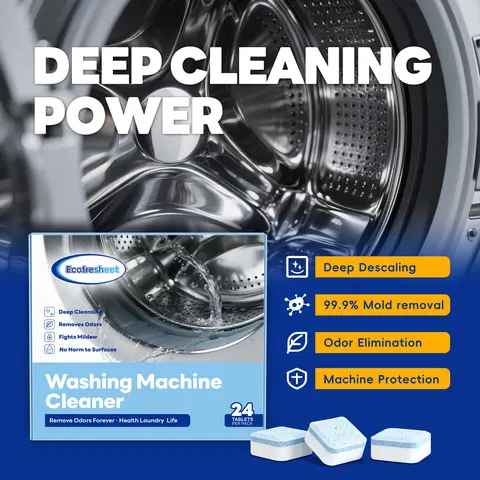 Ecofresheet Green Deep Cleaning Washing Machine Cleaner Tablets, 24-Pack Easy-to-Use Washer Descaler, Neutralizes Musty Odors, Removes Limescale & Mildew, Septic-Safe for All HE Front & Top Load Washers, 1-Tablet Simple Routine Reaches Inner Drum Corners