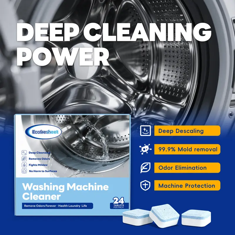 Ecofresheet Green Deep Cleaning Washing Machine Cleaner Tablets, 24-Pack Easy-to-Use Washer Descaler, Neutralizes Musty Odors, Removes Limescale & Mildew, Septic-Safe for All HE Front & Top Load Washers, 1-Tablet Simple Routine Reaches Inner Drum Corners