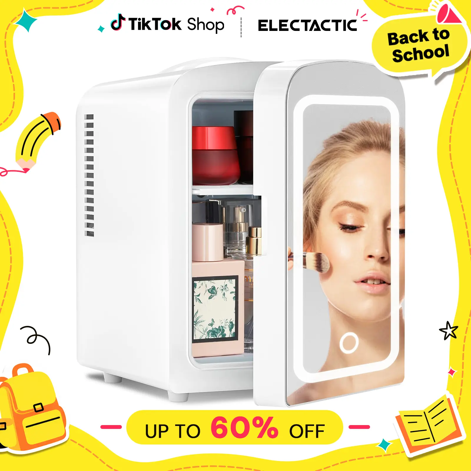 【BackToSchool】Electactic Compact Refrigerator, Skincare Fridge With Dimmable LED Light Mirror,4L 12oz Capacity, Portable Small Refrigerator for Cosmetics, Skin Care and Food , Ideal for Bedroom, Car, Office & Dorm,100% Freon-Free & Eco Friendly,White.