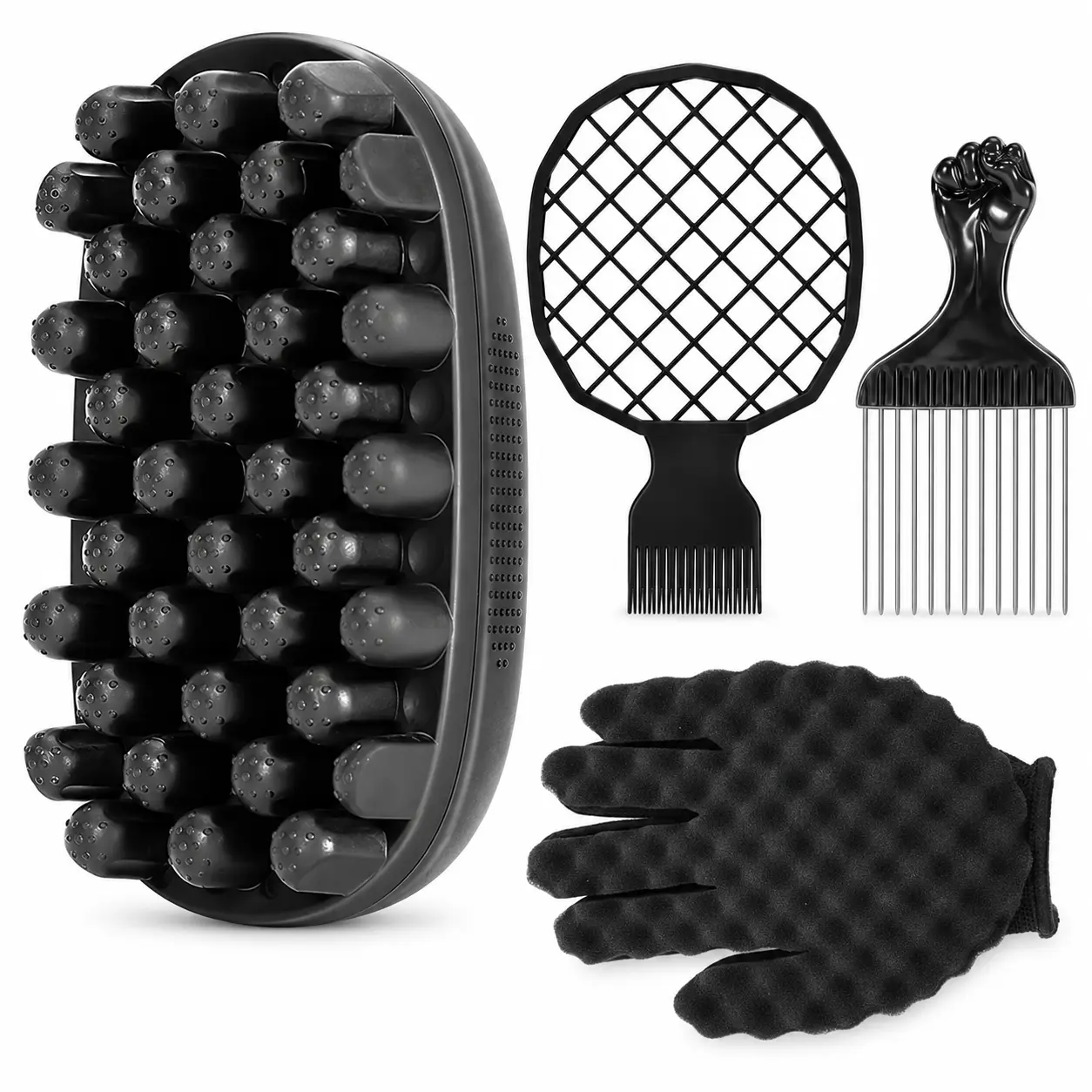 4-Piece Hair Styling Set with Curl Tool, Grid Comb, Metal Afro Pick and Black Glove