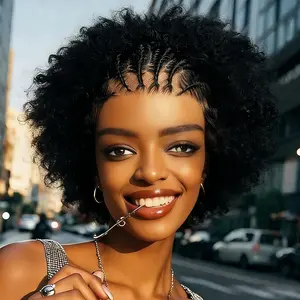 13x4 Lace Front Wigs Braided Afro Wig Cornrow With Curly Hair Wig 200% Density Transparent Lace Frontal Wig  Pre Braided Glueless  Kinky Curly Wig Work or Daily Use Afro Puff Wigs