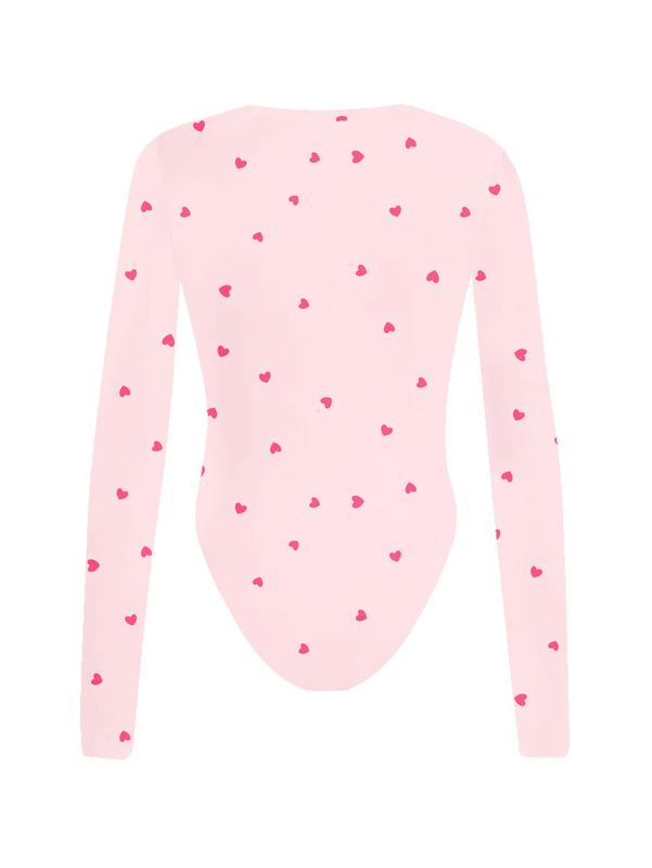 2026 Spring/Autumn New Women's Warm Bodycon Long Sleeve Top, Pink Heart Print Bodysuit with Round Neck, High Elasticity Slim-Fit Jumpsuit - Machine Washable, Suitable for Casual and Formal Occasions, Shaping Base Layer, Daily Wear Valentine's Day