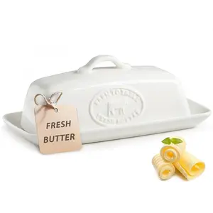 Cow Butter Dish, Ceramic Butter Dish with Lid for Countertop, White Butter Tray with Handle, Farmhouse Covered Butter Holder Container for East West Coast Butter Storage