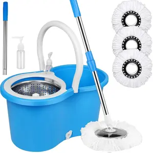 Spin Mop and Bucket with Wringer Set, 360° Spinning Mop Bucket System with 3 Microfiber Mop Replacement Heads and 61" Stainless Steel Adjustable Handle for Floor Cleaning