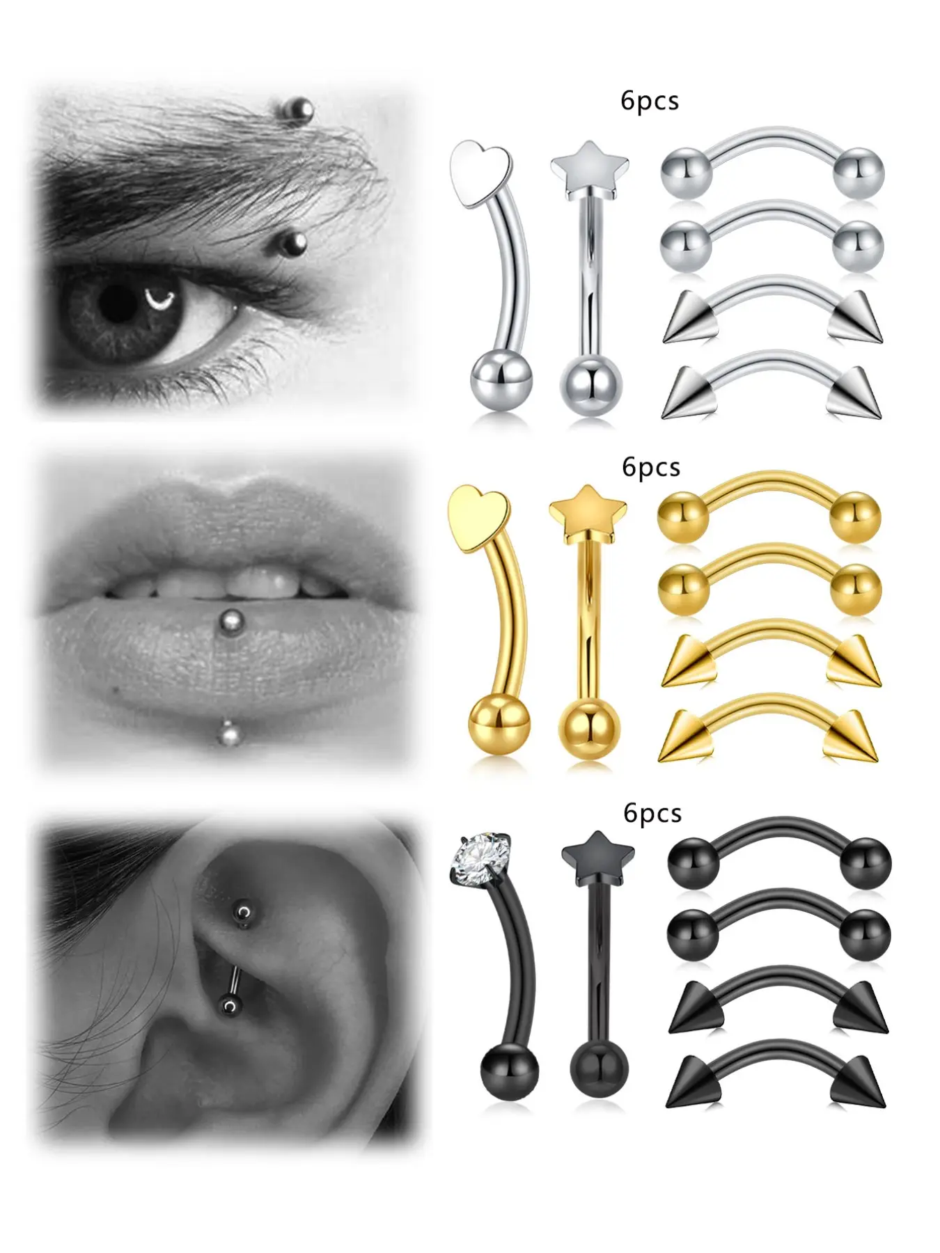 Rook Eyebrow Ring Piercing Jewelry, Stainless Steel Curved Barbell, Tiny Vertical Labret Lip Jewelry, Side Labret Jewelry, Ear Navel Small Belly Button Ring, 16g Bar, Nose Piercing Jewelry, Body Piercing Jewelry, Piercings Jewelry