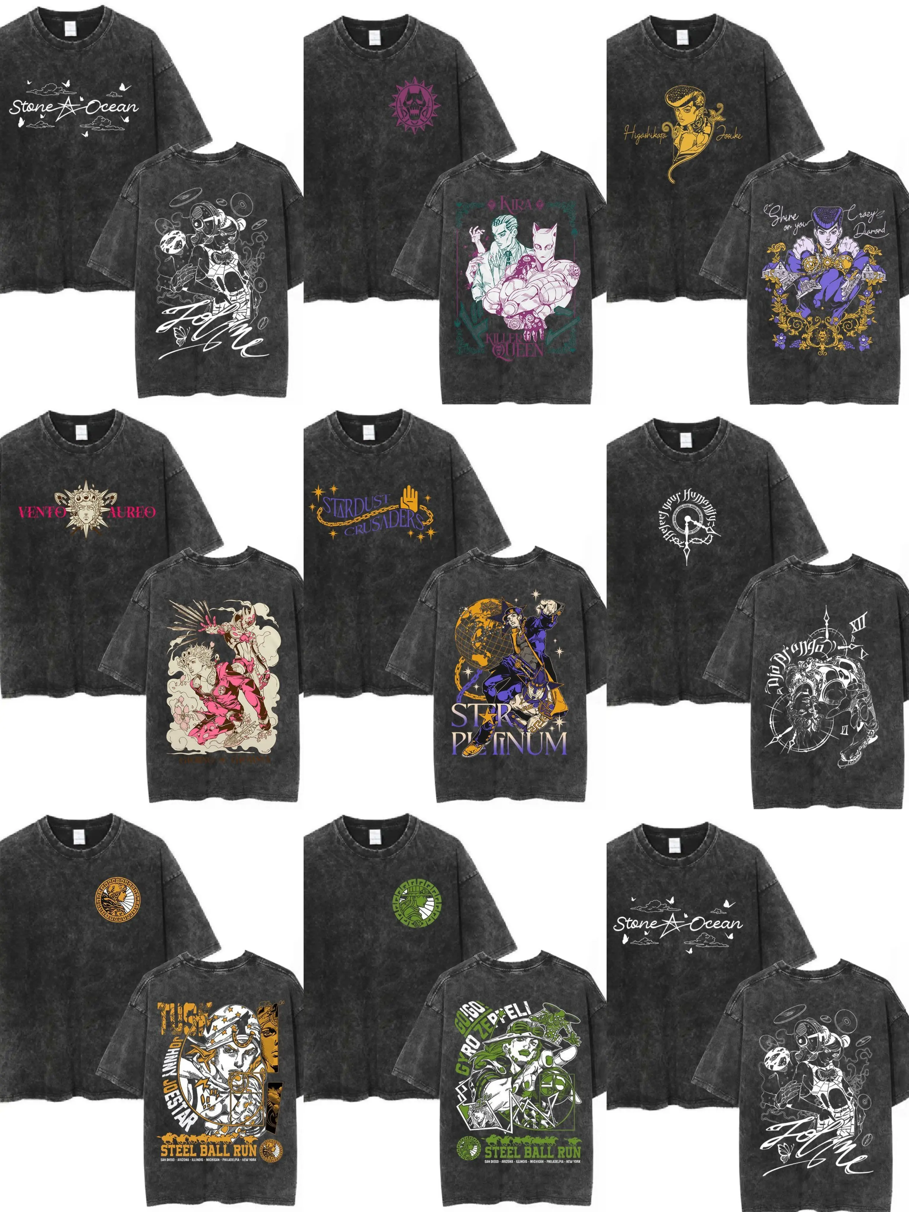 JoJo's Bizarre Adventure Inspired Vintage Washed Graphic T Shirt, Anime Streetwear Tee for Men,Stand Power Character Artwork Print,Stone Ocean & Stardust Crusaders Design,Oversized Acid Wash Black Short Sleeve Shirt,Retro Y2K Casual Apparel for Anime Fans