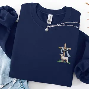 Embroidered Christian Cross & Lamb Sweatshirt, Easter Faith Shirt, Jesus Hoodie, Religious Gift, Church Apparel, Christian Easter Wear