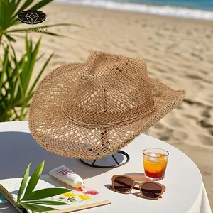Women Men Summer Straw Hat Hollow-Out Bucket Hats Sun Protection Beach Holiday Sun Cap Cowgirl Hat