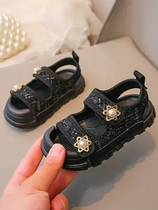 Pearl Sparkle Sandals, Soft Bottom Comfortable Sweet Elegant Breathable Easy Match, Stylish Summer Footwear for Kids, Sparkly Sandals, Glitter Decorated Sandals